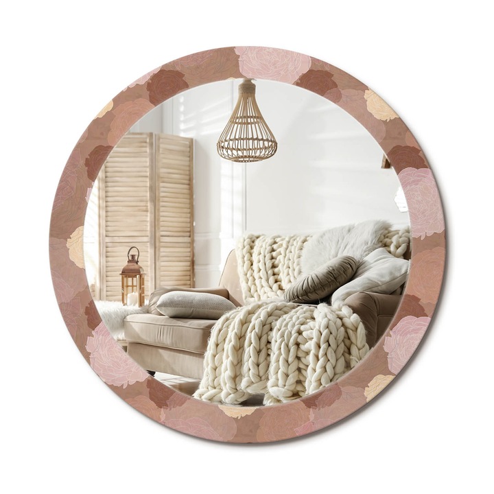 Kerek Fali Tükör Nyomtatott Mintával, Decormat, Rózsa Kompozíció, Bézs, Ø80 cm, Nappali Szoba Díszítésére, 010090550110300072559