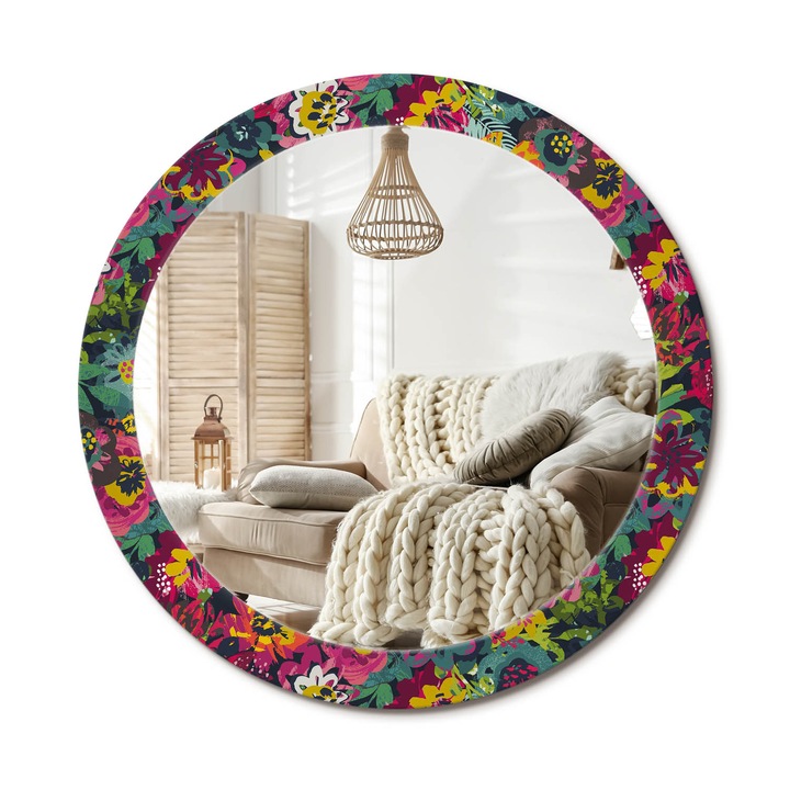 Kerek Fali Tükör Nyomtatott Mintával, Decormat, Festett Virágok, Többszínű, Ø80 cm, Nappali Szoba Díszítésére, 010090550110300072594