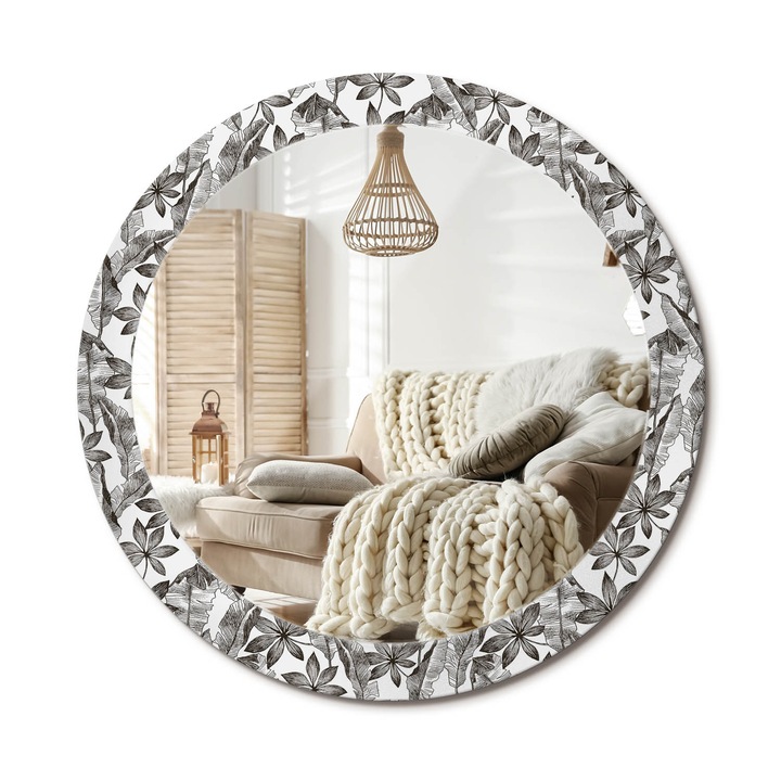 Kör Tükör Nyomtatott Mintával, Decormat, Trópusi Levelek, Fekete és fehér, Ø80 cm, Fésülködőasztalhoz És Gardróbba, 010090550110300012643