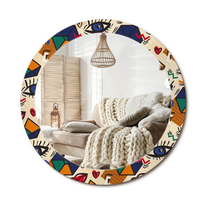 Kör Alakú Tükör Mintával, Decormat, Pop-Art Stílus, Többszínű, Ø80 cm, Stílusos Fali Dekoráció, 010090550110300072572