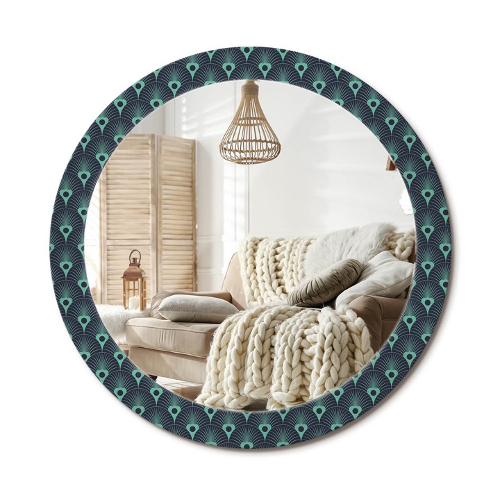 Kör Alakú Fali Tükör Nyomtatással, Decormat, Virágminta, Zöld, Ø80 cm, Lakásdíszítő Fali Tükör, 010090550110300012836