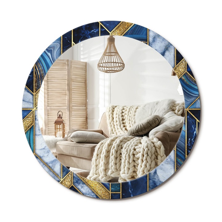 Kör Alakú Tükör Mintával, Decormat, Modern Márvány, Aranyszín, Ø80 cm, Stílusos Fali Dekoráció, 010090550110300020906