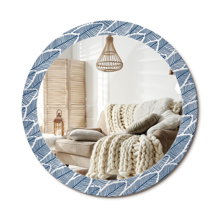 Kerek Fali Tükör Grafikával, Decormat, Levelek, Kék, Ø80 cm, Különleges Kiegészítő Szobába, 010090550110300010801