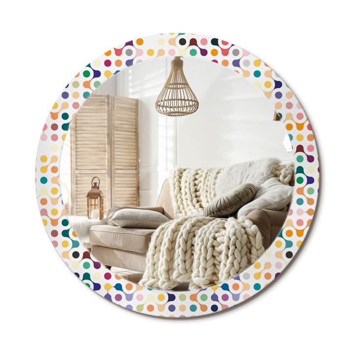Kerek Fali Tükör Nyomtatott Mintával, Decormat, Pop-Art Pöttyök, Többszínű, Ø80 cm, Nappali Szoba Díszítésére, 010090550110300072577