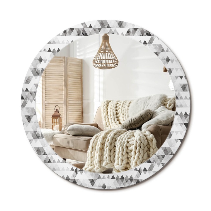 Kerek Tükör Grafikával, Decormat, Háromszögek, Fekete és fehér, Ø80 cm, Sminkeléshez És Borotválkozáshoz, 010090550110300012043