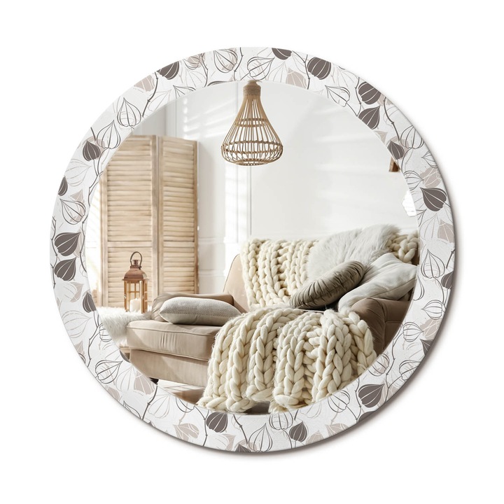 Kör Tükör Nyomtatott Mintával, Decormat, Absztrakt Virágos, Szürke, Ø80 cm, Fésülködőasztalhoz És Gardróbba, 010090550110300012969