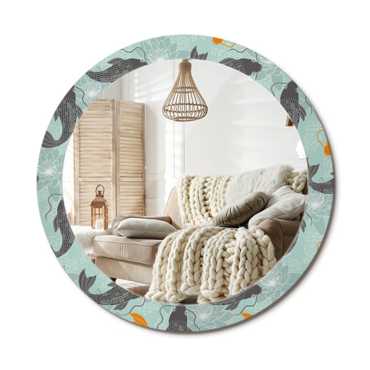 Kerek Tükör Kerettel És Nyomtatott Mintával, Decormat, Koi Ponty, Narancssárga, Ø80 cm, Beltéri Dekorációs Elem, 010090550110300013087