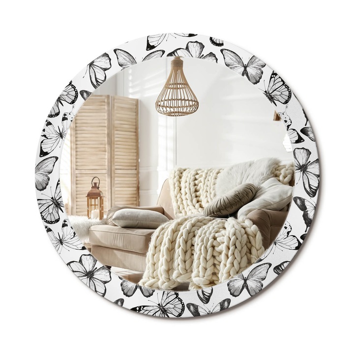Kerek Tükör Nyomtatással, Decormat, Pillangók, Fekete és fehér, Ø80 cm, Nappaliba És Szobába, 010090550110300012398