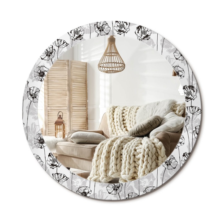 Kör Tükör Nyomtatott Mintával, Decormat, Pipacs Virágok, Fehér, Ø80 cm, Fésülködőasztalhoz És Gardróbba, 010090550110300010815