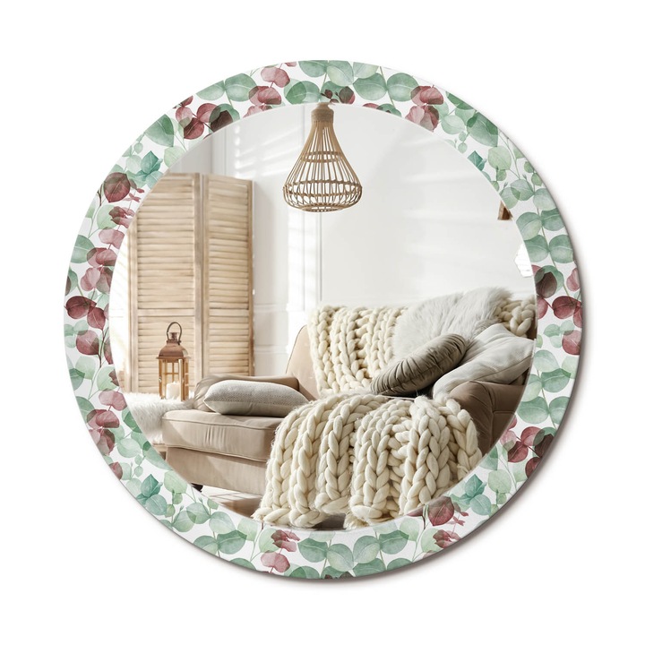 Kerek Fali Tükör Nyomtatott Mintával, Decormat, Eukaliptusz, Többszínű, Ø80 cm, Nappali Szoba Díszítésére, 010090550110300012273