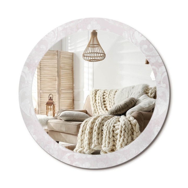 Kör Alakú Fali Tükör Nyomtatással, Decormat, Rokokó Textúra, Fehér, Ø80 cm, Lakásdíszítő Fali Tükör, 010090550110300072592