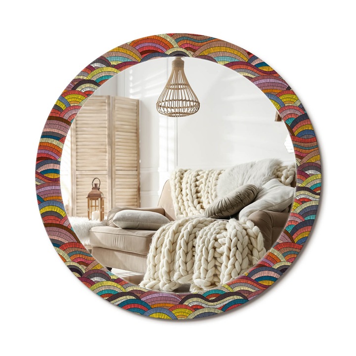 Kör Alakú Fali Tükör Nyomtatással, Decormat, Dísz, Többszínű, Ø80 cm, Lakásdíszítő Fali Tükör, 010090550110300020876