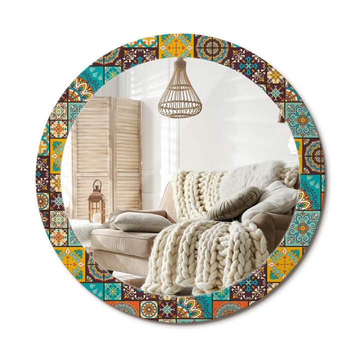 Kerek Tükör Nyomtatással, Decormat, Arab Minta, Többszínű, Ø80 cm, Nappaliba És Szobába, 010090550110300020955