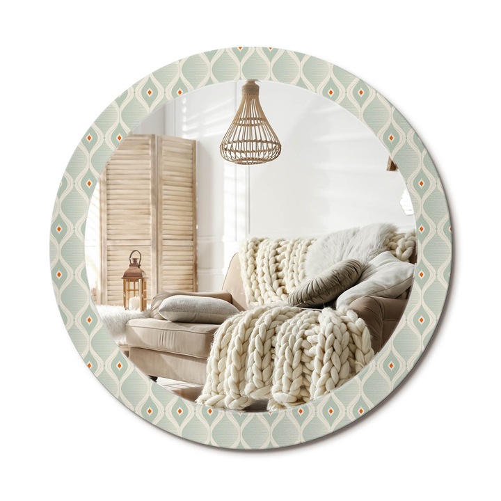 Kör Alakú Fali Tükör Nyomtatással, Decormat, Klasszikus Vintage Minta, Kék, Ø80 cm, Lakásdíszítő Fali Tükör, 010090550110300072575