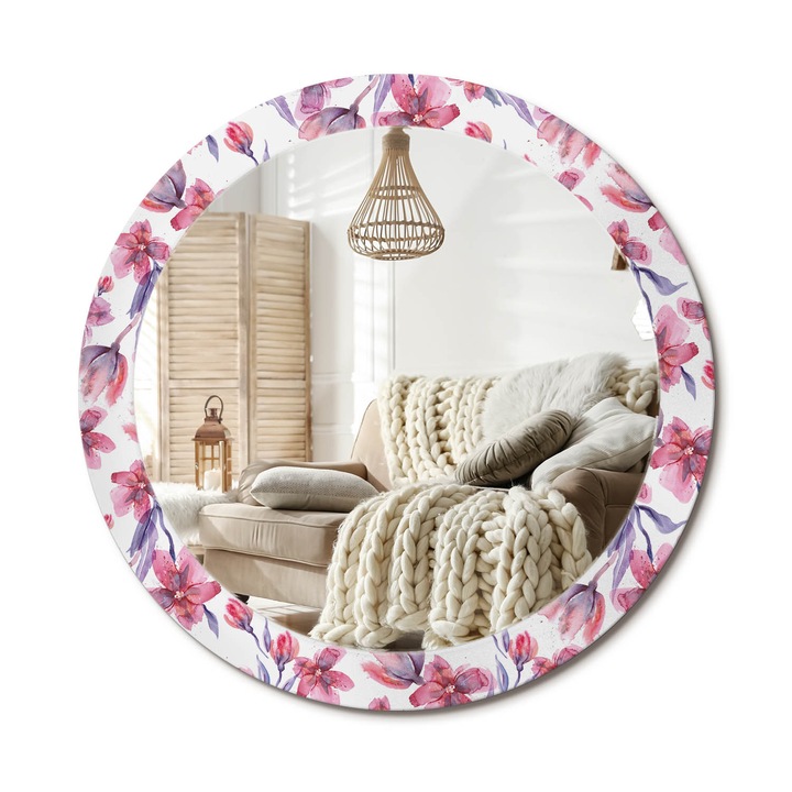 Kerek Fali Tükör Nyomtatott Mintával, Decormat, Akvarell Virágok, Rózsaszín, Ø80 cm, Nappali Szoba Díszítésére, 010090550110300010810