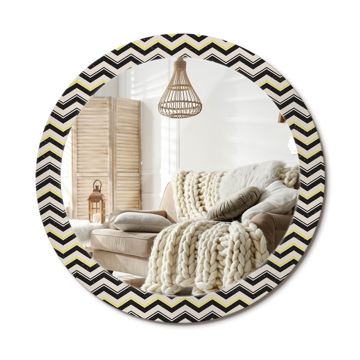 Kerek Tükör Grafikával, Decormat, Cikcakk Minta, Krémszín, Ø80 cm, Sminkeléshez És Borotválkozáshoz, 010090550110300072570