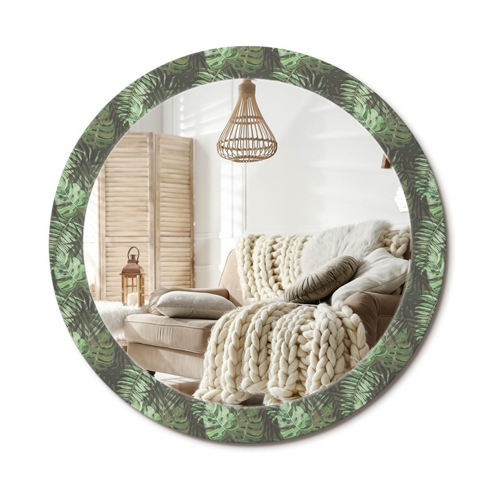 Kör Tükör Nyomtatott Mintával, Decormat, Trópusi Levelek, Zöld, Ø80 cm, Fésülködőasztalhoz És Gardróbba, 010090550110300011926
