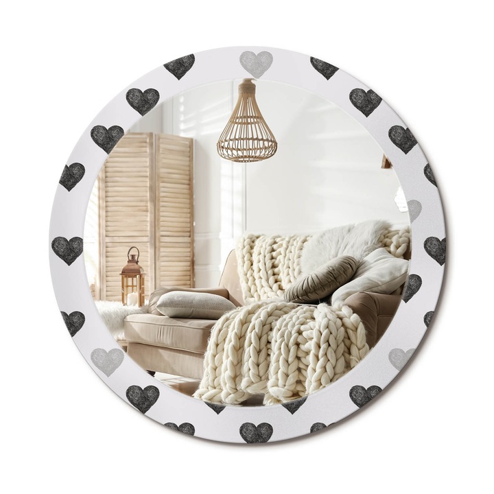 Kör Tükör Grafikai Mintával, Decormat, Absztrakt Szívek, Fekete és fehér, Ø80 cm, Előszobába És Folyosóra, 010090550110300072553