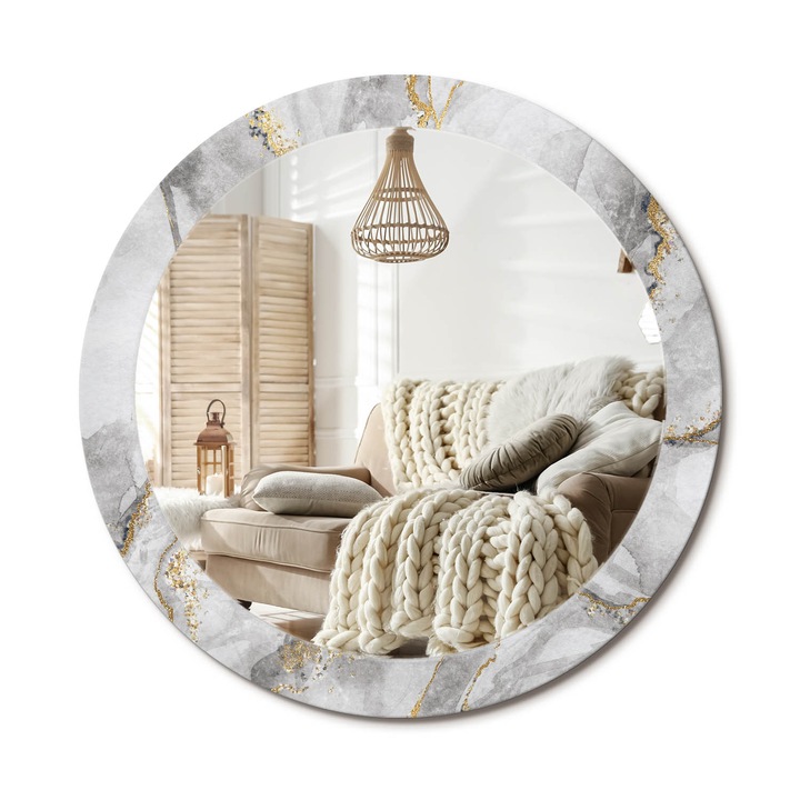 Kerek Tükör Nyomtatással, Decormat, Márványminta, Aranyszín, Ø80 cm, Nappaliba És Szobába, 010090550110300020882