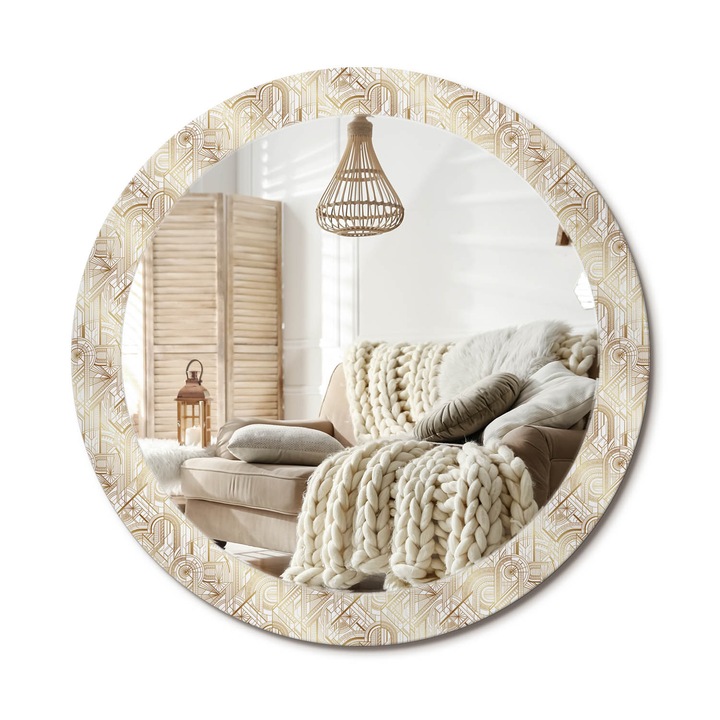 Kerek Fali Tükör Grafikával, Decormat, Art Deco Kompozíció, Fehér, Ø80 cm, Különleges Kiegészítő Szobába, 010090550110300072590