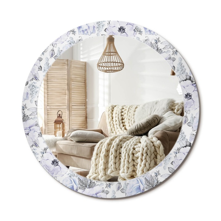Kerek Fali Tükör Nyomtatott Mintával, Decormat, Kék Rózsák, Fehér, Ø80 cm, Nappali Szoba Díszítésére, 010090550110300010869