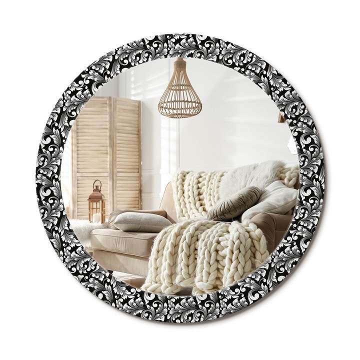 Kör Alakú Tükör Mintával, Decormat, Dísz, Fekete és fehér, Ø80 cm, Stílusos Fali Dekoráció, 010090550110300030049