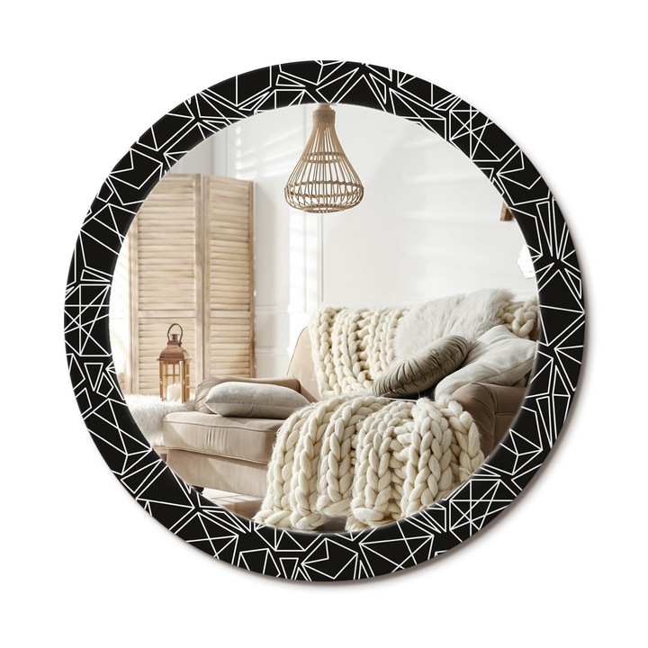 Kör Alakú Tükör Mintával, Decormat, Geometrikus Minta, Fekete és fehér, Ø80 cm, Stílusos Fali Dekoráció, 010090550110300013019