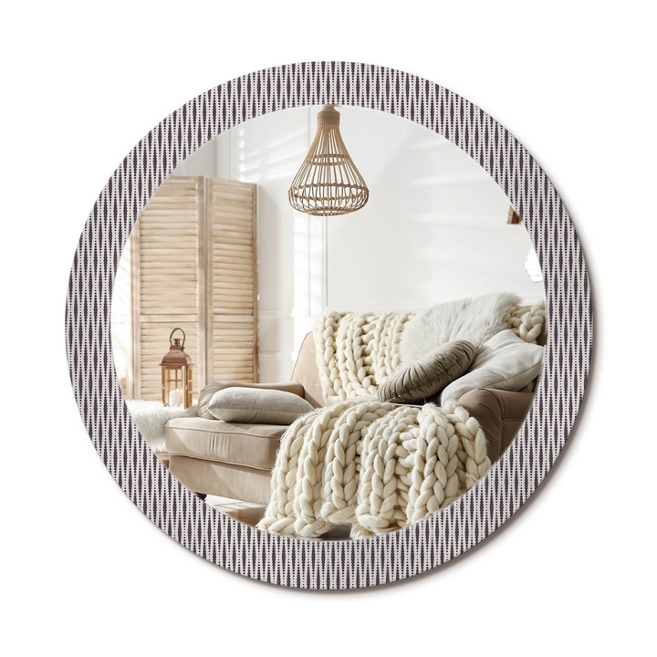Kör Alakú Fali Tükör Nyomtatással, Decormat, Geometrikus Pontminta, Szürke, Ø80 cm, Lakásdíszítő Fali Tükör, 010090550110300072557