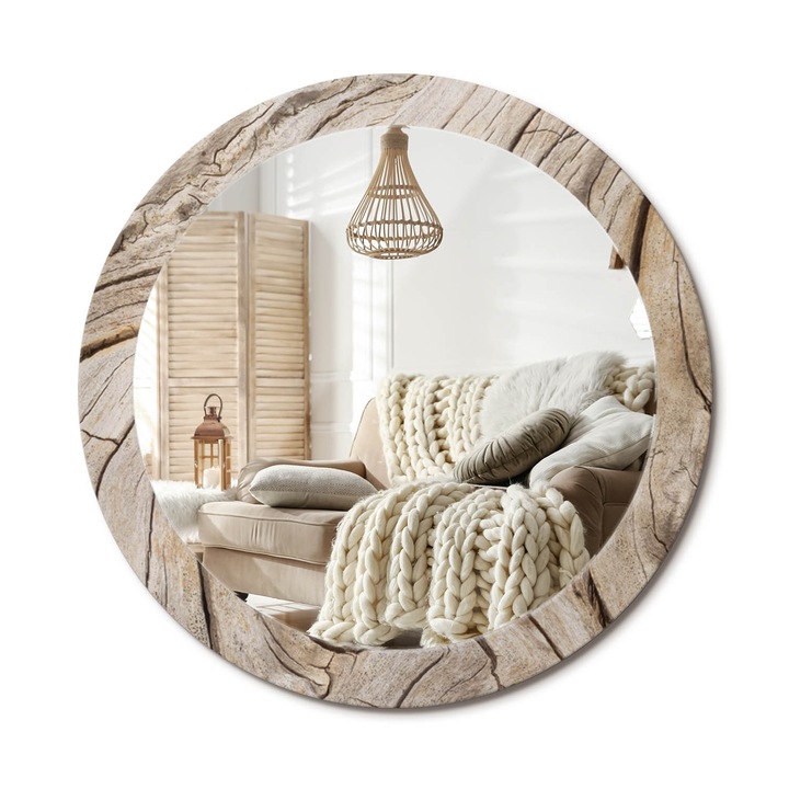 Kerek Fali Tükör Grafikával, Decormat, Repedt Fa, Barna, Ø80 cm, Különleges Kiegészítő Szobába, 010090550110300027512