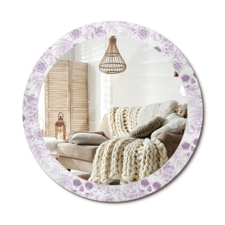 Kerek Tükör Kerettel És Nyomtatott Mintával, Decormat, Koponyák, Lila, Ø80 cm, Beltéri Dekorációs Elem, 010090550110300012549
