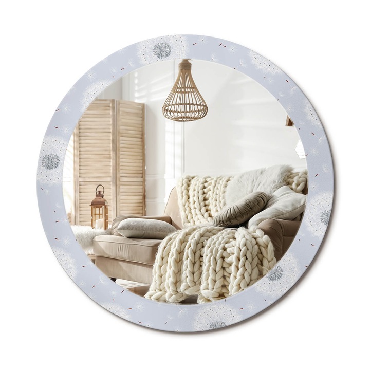 Kerek Fali Tükör Nyomtatott Mintával, Decormat, Pitypangok, Kék, Ø80 cm, Nappali Szoba Díszítésére, 010090550110300012923