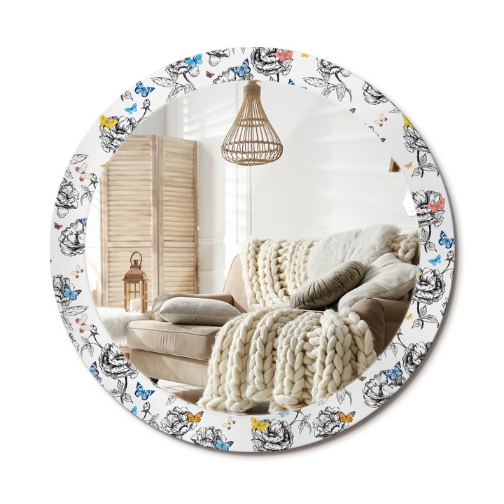 Kerek Tükör Grafikával, Decormat, Színes Pillangók, Többszínű, Ø80 cm, Sminkeléshez És Borotválkozáshoz, 010090550110300011890