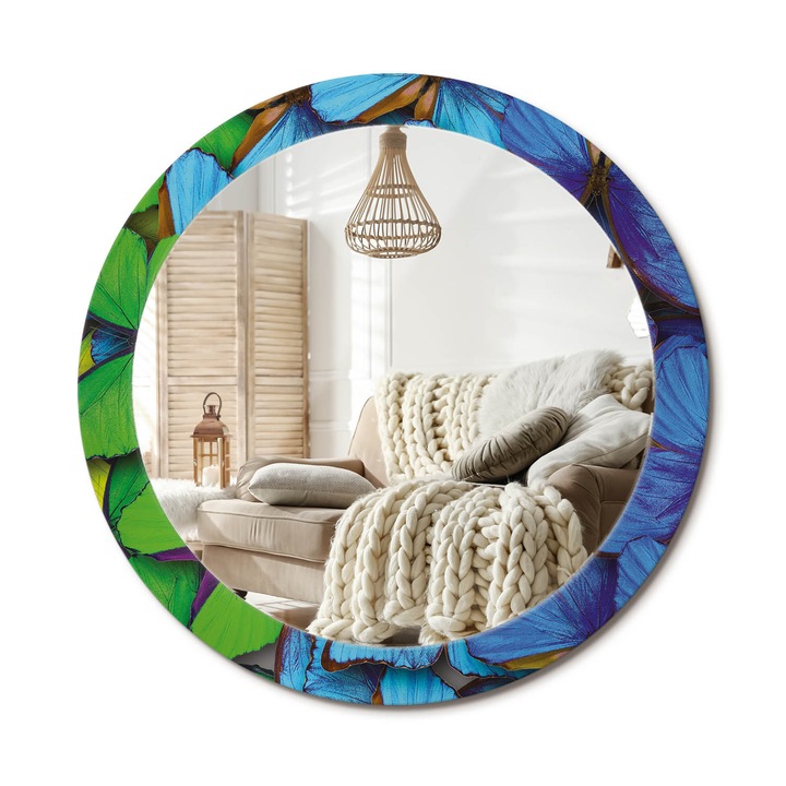 Kör Alakú Tükör Mintával, Decormat, Kék És Zöld Pillangó, Tengerészkék, Ø80 cm, Stílusos Fali Dekoráció, 010090550110300072581
