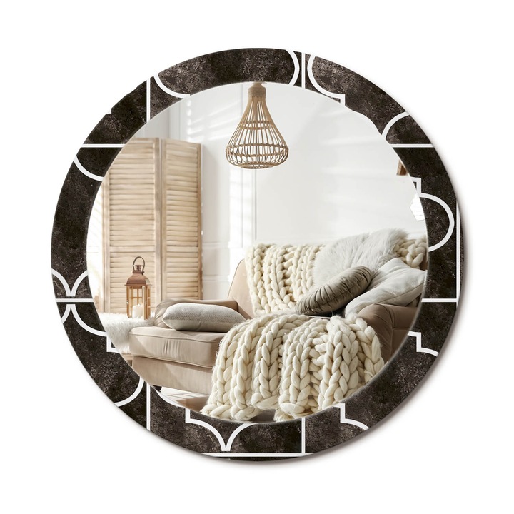 Kör Tükör Nyomtatott Mintával, Decormat, Antik Minta, Fekete és fehér, Ø80 cm, Fésülködőasztalhoz És Gardróbba, 010090550110300020807