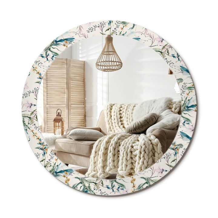 Kerek Tükör Nyomtatással, Decormat, Akvarell Virágok, Krémszín, Ø80 cm, Nappaliba És Szobába, 010090550110300072595