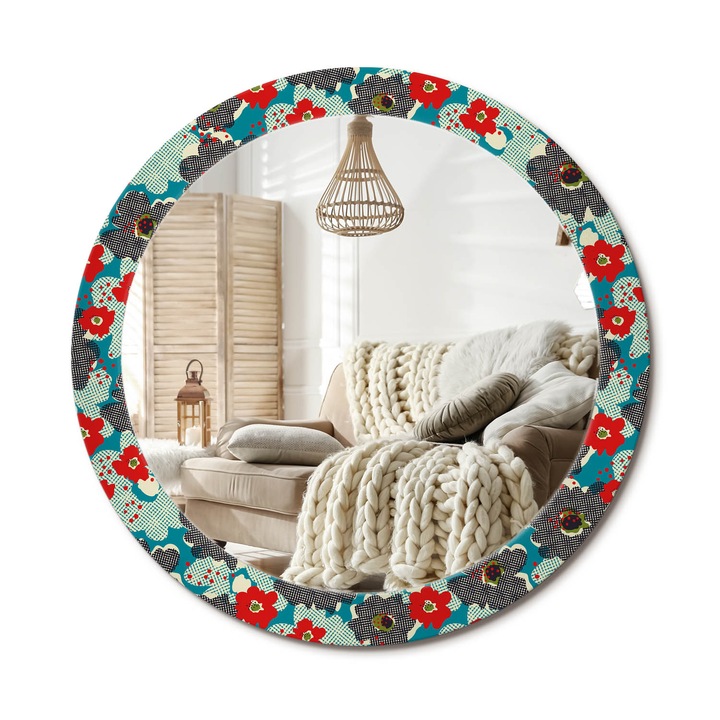 Kerek Tükör Kerettel És Nyomtatott Mintával, Decormat, Retro Virágmintás, Piros, Ø80 cm, Beltéri Dekorációs Elem, 010090550110300072583
