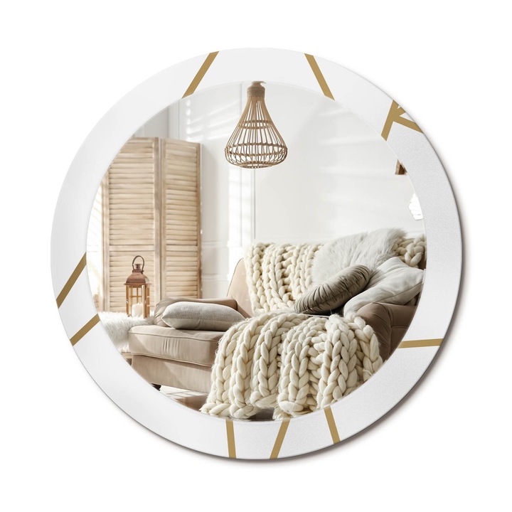 Kerek Tükör Grafikával, Decormat, Lineáris Kompozíció, Aranyszín, Ø80 cm, Sminkeléshez És Borotválkozáshoz, 010090550110300072587