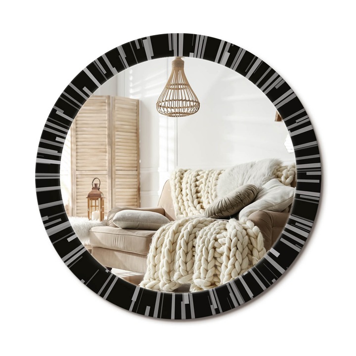 Kör Tükör Nyomtatott Mintával, Decormat, Sugárzó Kompozíció, Fekete és fehér, Ø80 cm, Fésülködőasztalhoz És Gardróbba, 010090550110300072571