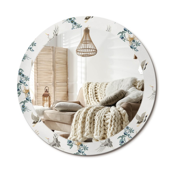 Kör Alakú Tükör Mintával, Decormat, Kínai Madarak, Többszínű, Ø80 cm, Stílusos Fali Dekoráció, 010090550110300011877
