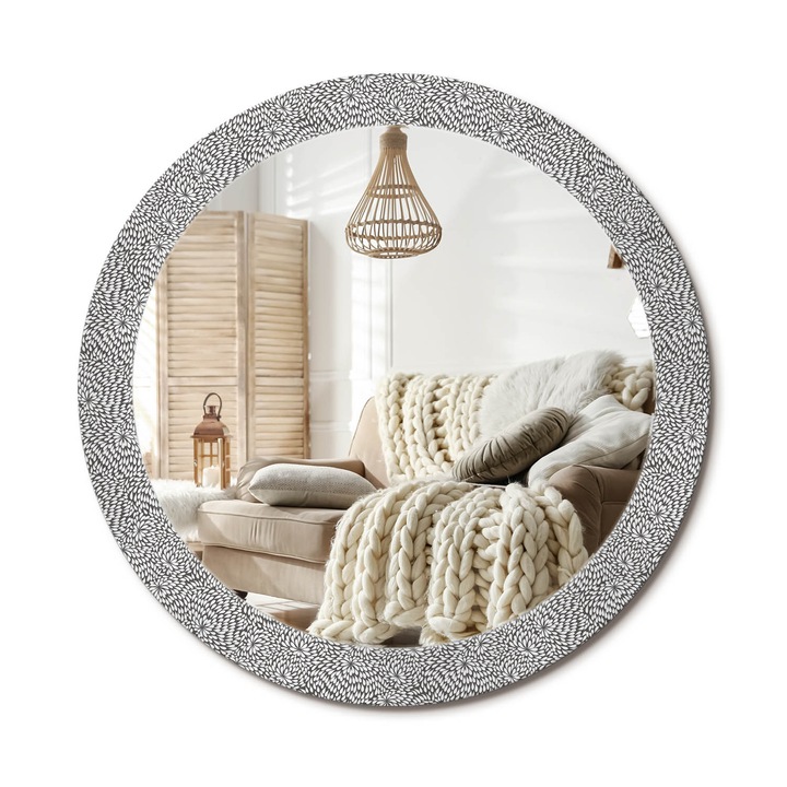 Kör Alakú Fali Tükör Nyomtatással, Decormat, Virágminta, Fekete és fehér, Ø80 cm, Lakásdíszítő Fali Tükör, 010090550110300011037