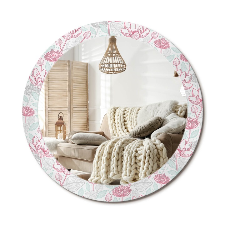Kerek Tükör Grafikával, Decormat, Virágok, Fehér, Ø80 cm, Sminkeléshez És Borotválkozáshoz, 010090550110300010831