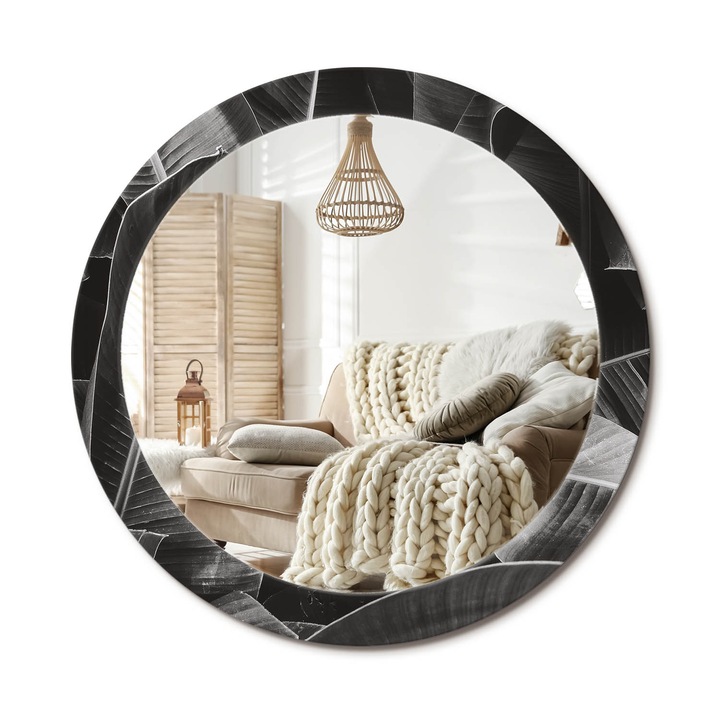 Kerek Tükör Nyomtatással, Decormat, Trópusi Pálmafák, Szürke, Ø80 cm, Nappaliba És Szobába, 010090550110300012514