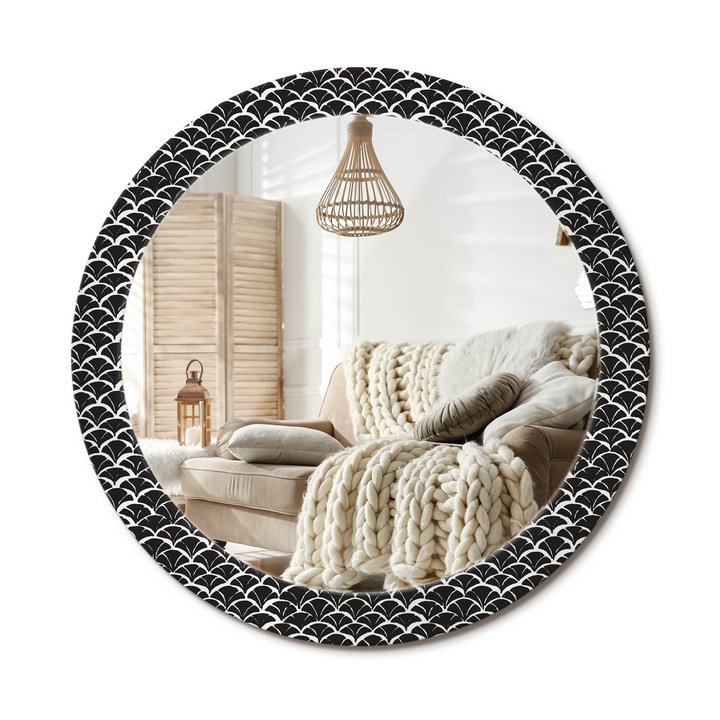 Kerek Tükör Kerettel És Nyomtatott Mintával, Decormat, Keleti Pikkelyek, Fekete és fehér, Ø80 cm, Beltéri Dekorációs Elem, 010090550110300011744