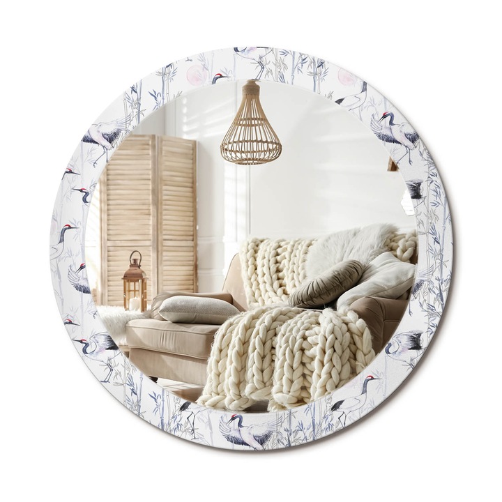 Kör Alakú Fali Tükör Nyomtatással, Decormat, Daru Madarak, Fehér, Ø80 cm, Lakásdíszítő Fali Tükör, 010090550110300011561
