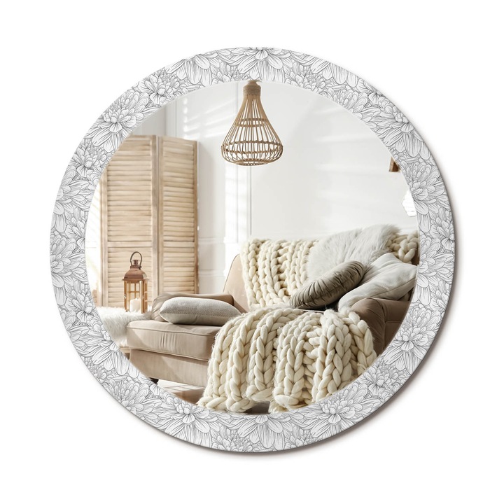 Kerek Fali Tükör Nyomtatott Mintával, Decormat, Lótuszvirágok, Fehér, Ø80 cm, Nappali Szoba Díszítésére, 010090550110300011809