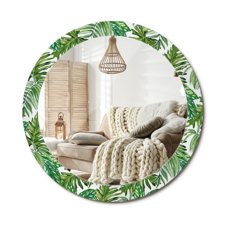 Kör Alakú Tükör Mintával, Decormat, Dzsungel Levelek, Zöld, Ø80 cm, Stílusos Fali Dekoráció, 010090550110300012048