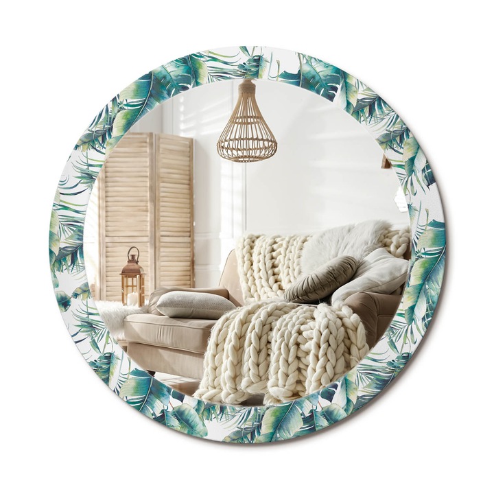 Kerek Tükör Nyomtatással, Decormat, Levelek, Zöld, Ø80 cm, Nappaliba És Szobába, 010090550110300011585
