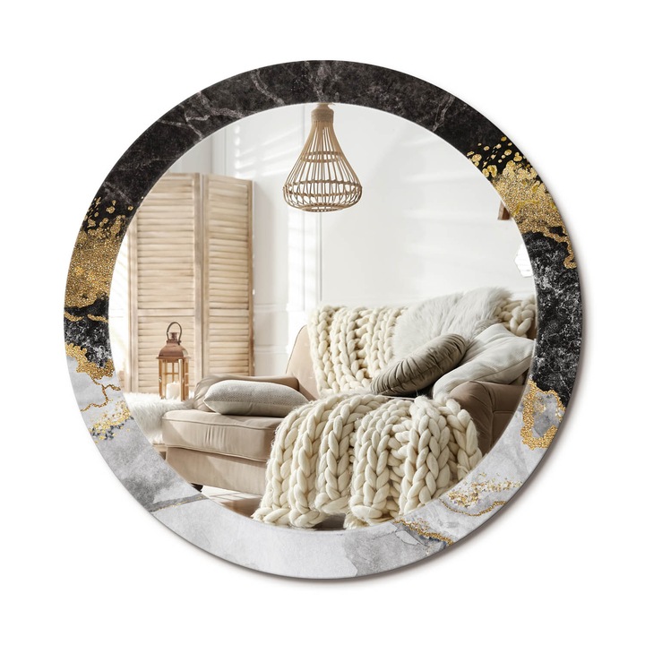 Kerek Tükör Grafikával, Decormat, Márványpadlás, Aranyszín, Ø80 cm, Sminkeléshez És Borotválkozáshoz, 010090550110300020883