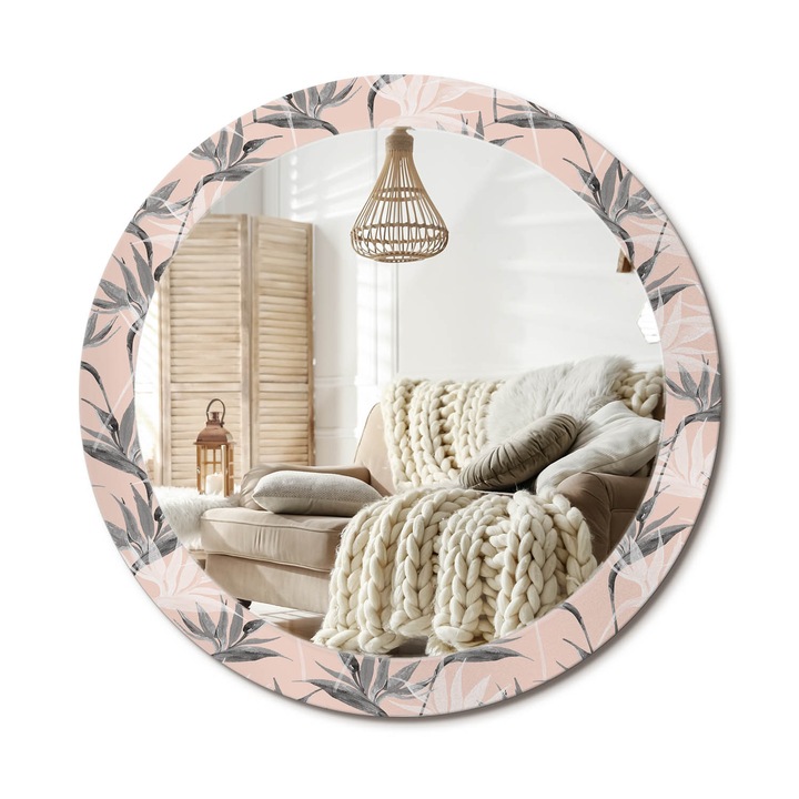 Kerek Fali Tükör Grafikával, Decormat, Strelitzia, Többszínű, Ø80 cm, Különleges Kiegészítő Szobába, 010090550110300013308