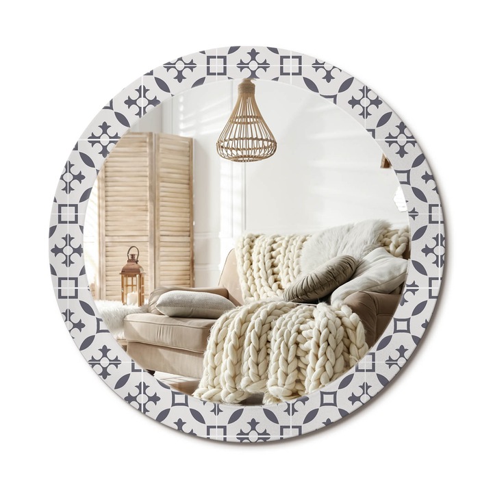Kör Alakú Tükör Mintával, Decormat, Csempe Minta, Szürke, Ø80 cm, Stílusos Fali Dekoráció, 010090550110300020823